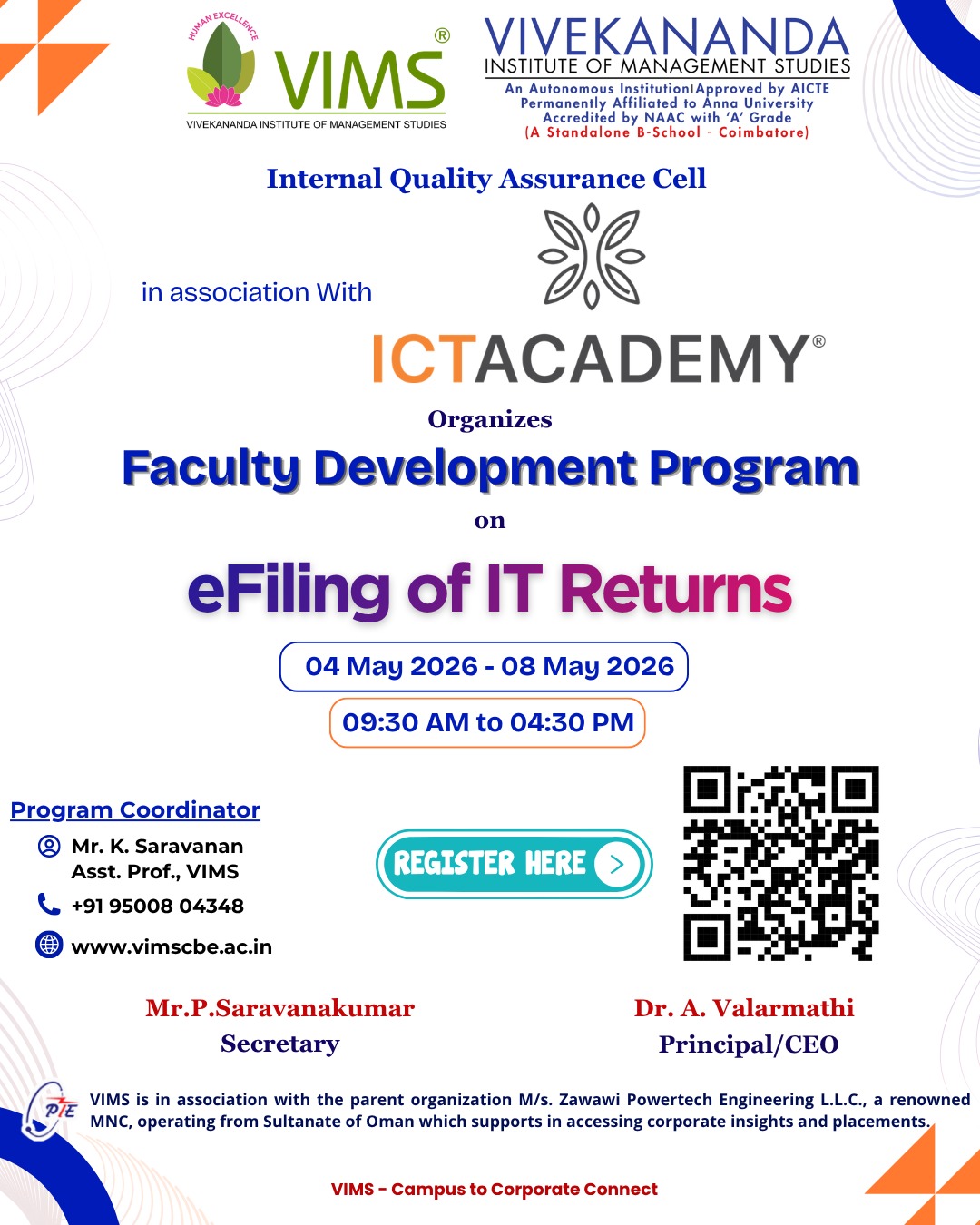 Faculty Development Program on “E-Filling of IT Returns” in association with ICT Academy Chennai 2026 Faculty Development Program Poster 